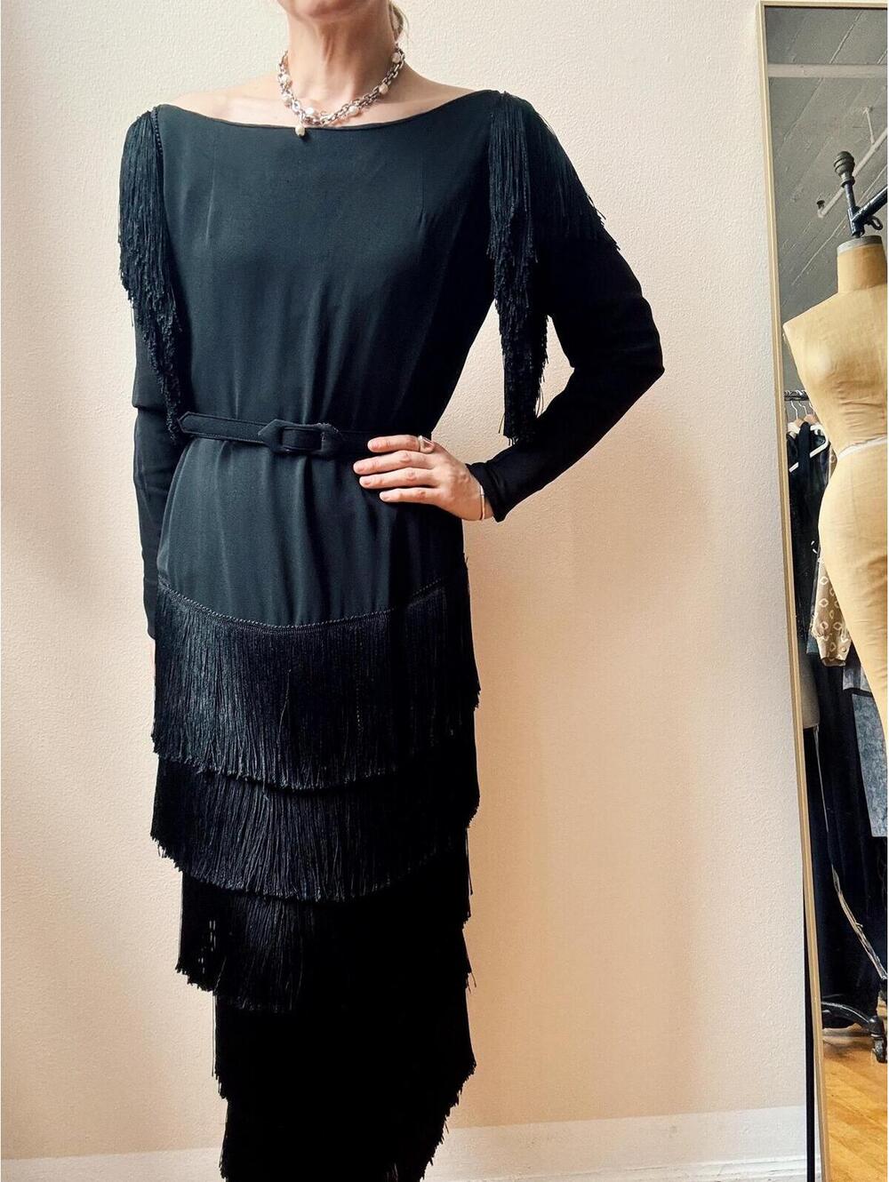 Vintage 1940s Black Belted Fringe Cocktail Dress